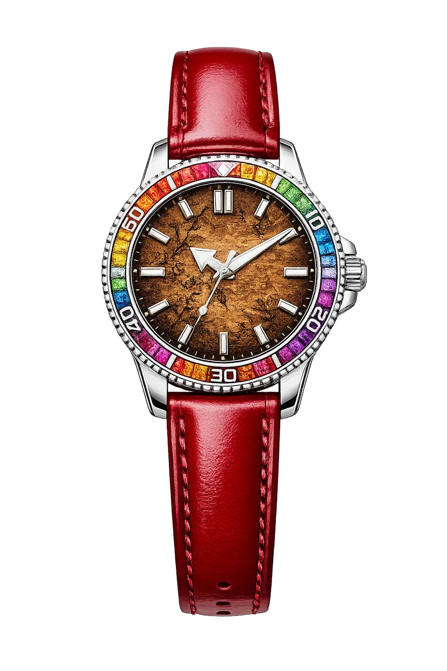 Red leather timepiece with a warm carved-texture dial and multicolour bezel
