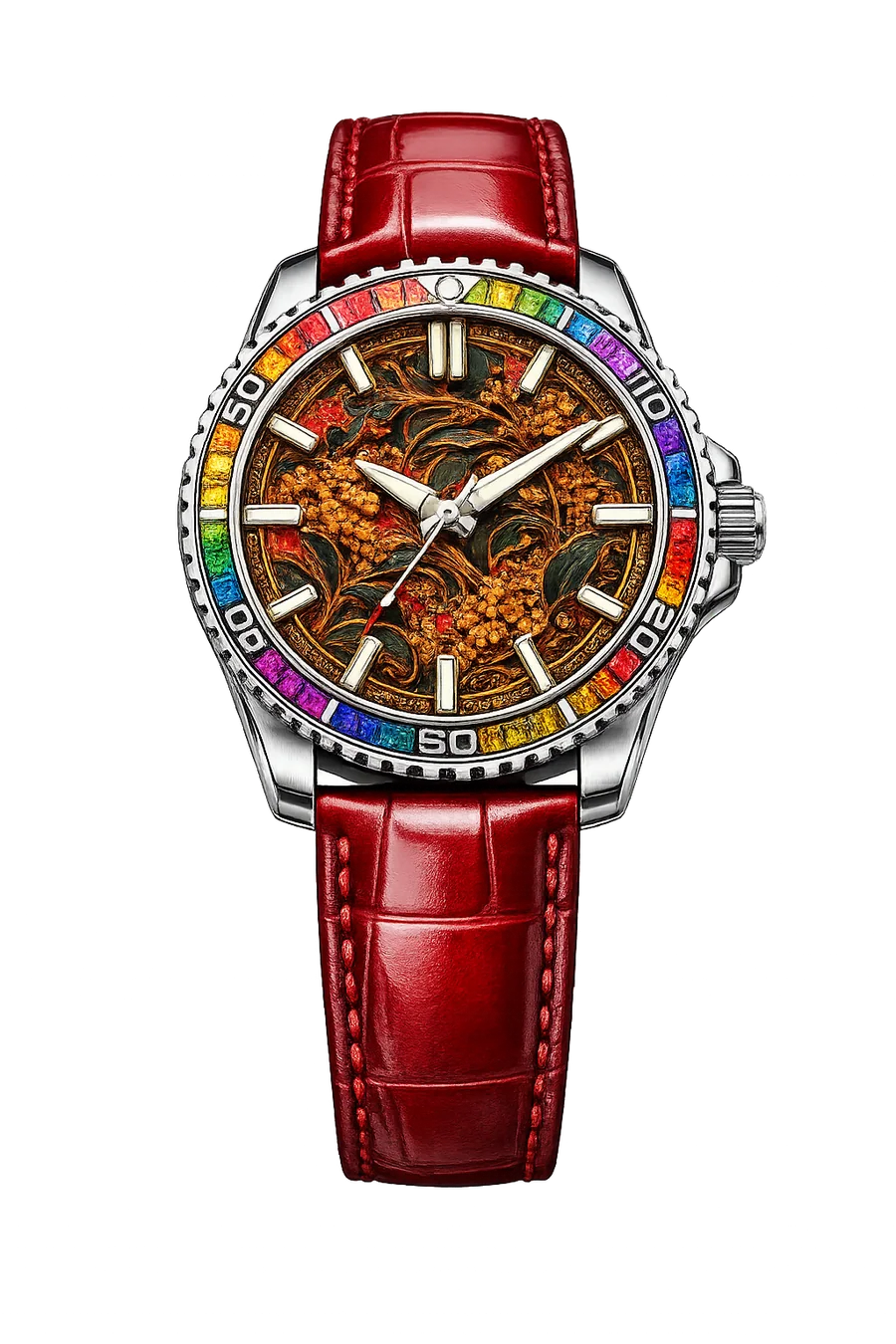 Red leather timepiece with a gilded green and amber heritage-inspired dial