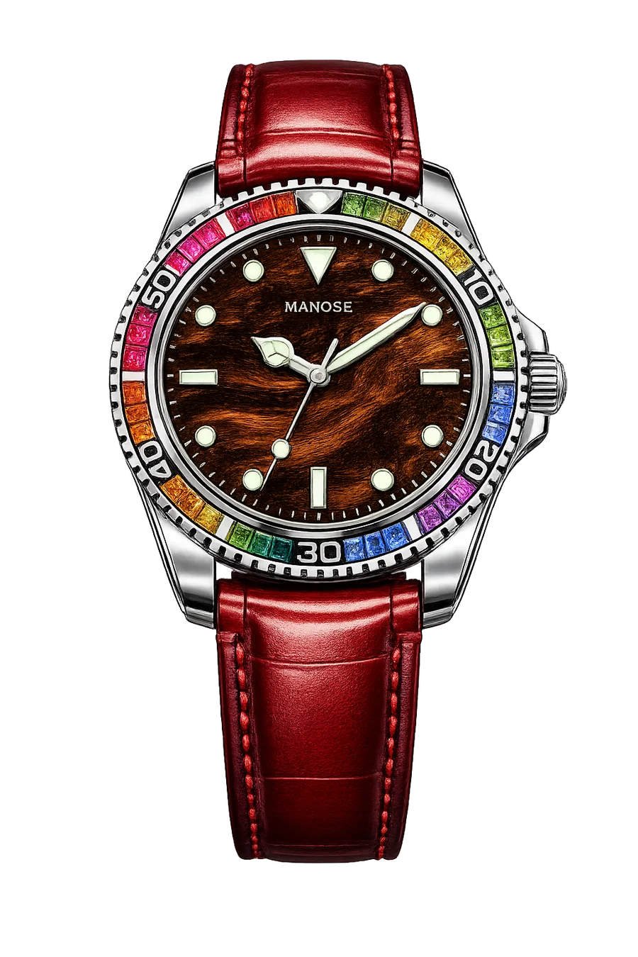 MANOSE red leather timepiece with a rich woodgrain dial